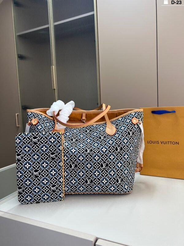 lv denim neverfull shopping bag