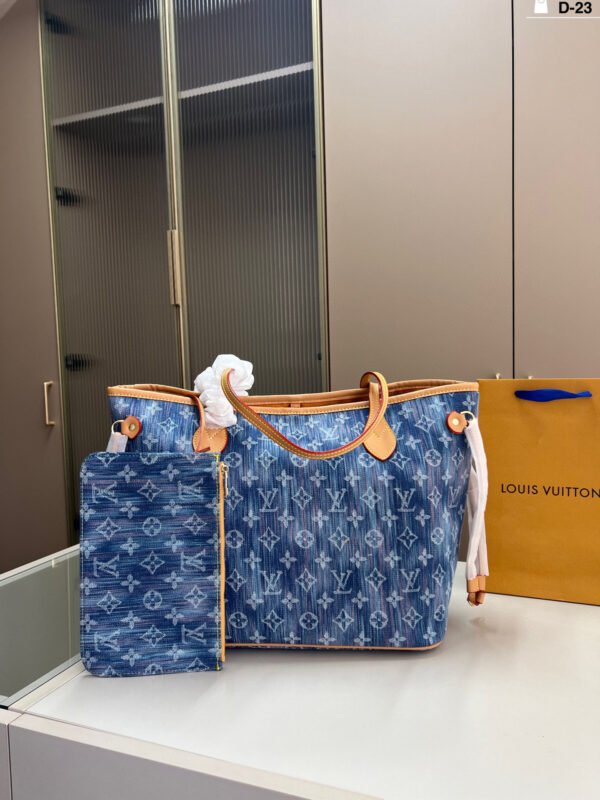 lv denim neverfull shopping bag